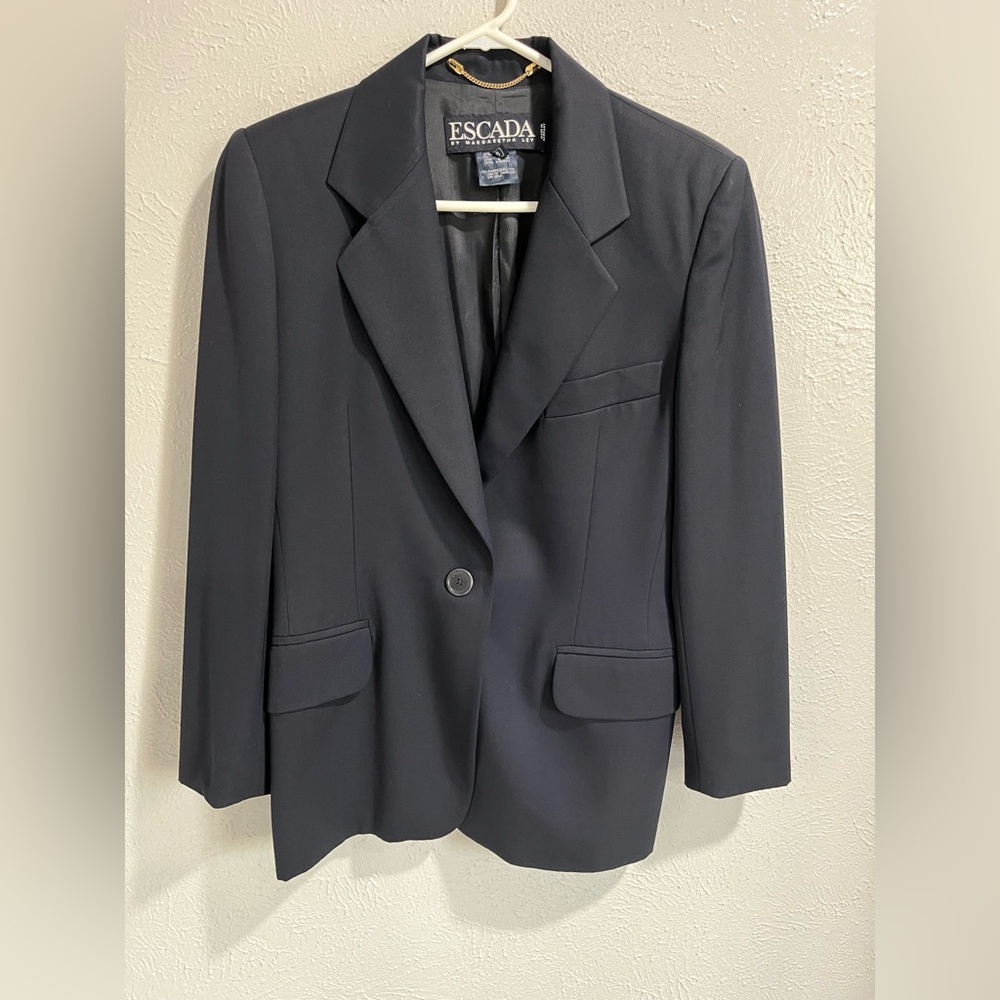 ESCADA by Margaretha Ley Navy Blue One Button 100% Wool Blazer Suit Jacket Large